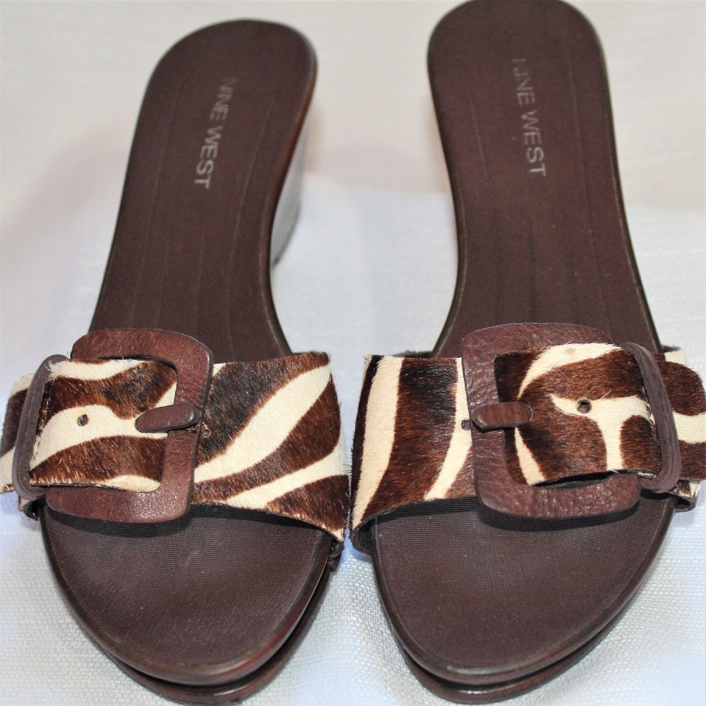 Nine West Wedge Sandals Pony Hair w Leather Buckle